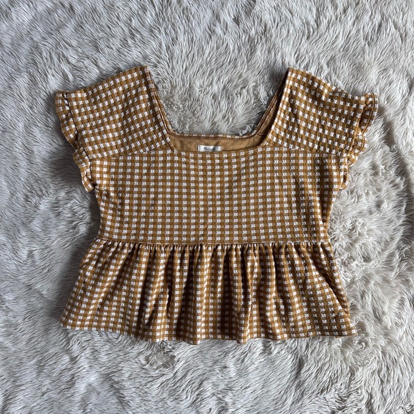 Madewell Gingham Knit Ruffle-Hem Top Yellow Mustard Plaid Peplum Size L - Picture 2 of 15